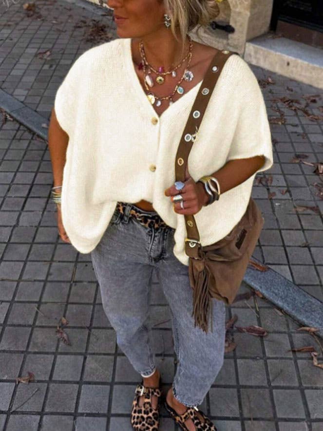 Chic vibe Plain V-neck Buttoned cardigan oversized knit vest