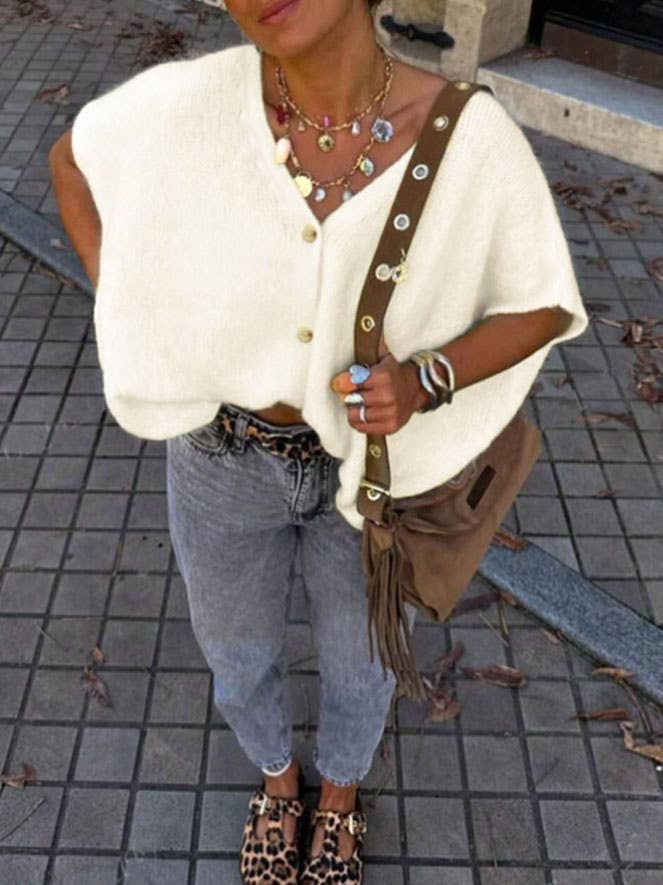 Chic vibe Plain V-neck Buttoned cardigan oversized knit vest