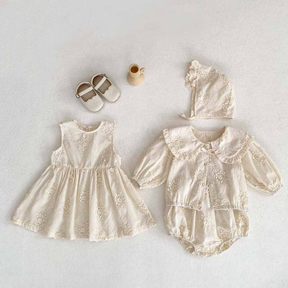 New Arrival Summer Baby Kids Girls Solid Color Floral Embroidery Dress, Shirt And Overalls Onesies – Sister Matching Set